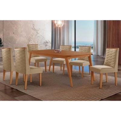 Conjunto de Mesa e Cadeiras Havana Curvo 6 Lugares Tampo MDF Estofado Linho Bege 180CM Móveis Rufato