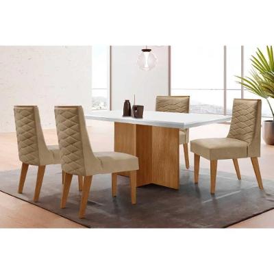 Conjunto Mesa de Cozinha Berlim Curvo 4 Lugares Tampo Vidro Cadeiras Estofadas Linho Bege 120CM