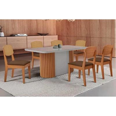 Conjunto Mesa Pilar Curvo 6 Lugares Tampo MDF com Vidro Suede Marrom 180CM Móveis Rufato