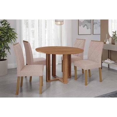Conjunto de Mesa de Jantar Flora 4 Lugares Tampo MDF Madeirado com Cadeiras em Linho Bege 109CM