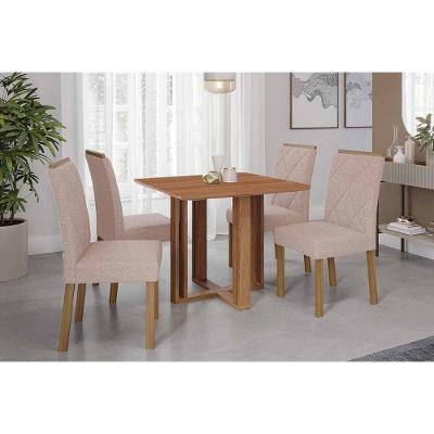 Conjunto de Mesa de Jantar Flora 4 Lugares Tampo MDF Madeirado Cadeiras Fernanda Linho Bege 95CM