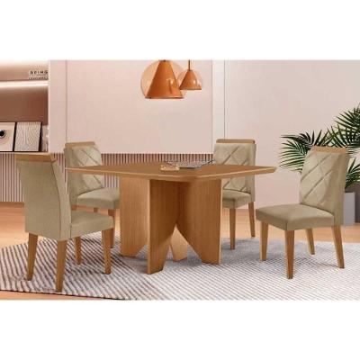 Conjunto de Mesa e Cadeiras Nevada Curvo 4 Lugares Tampo em MDF Capuccino e Linho Bege 90CM Móveis