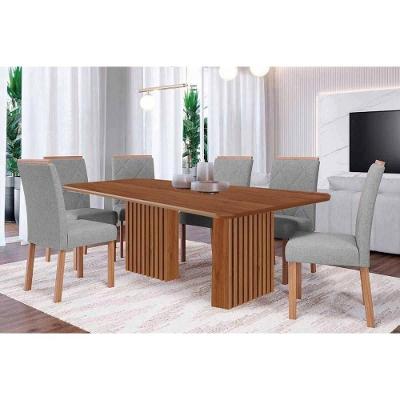 Conjunto de Jantar Ester 6 Lugares Tampo Madeirado Cadeiras Estofadas Cinamomo - Carvalho-Linho
