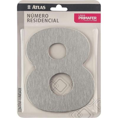 Número Residencial PR3001-8 com Adesivo VHB Escovado Prata Atlas 1 Unidade