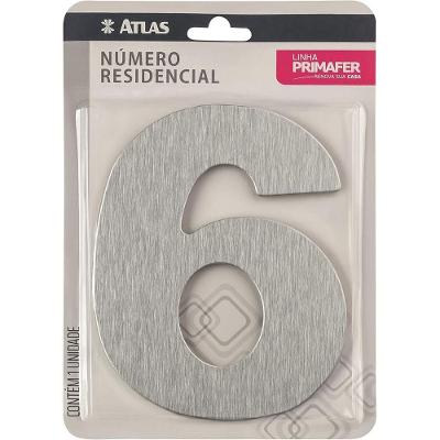 Número Residencial PR3001-6 com Adesivo VHB Alumínio Escovado Prata Atlas