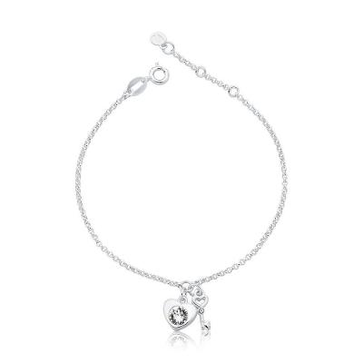 Pulseira Coração e Chave Revestida em Prata VL Accessoires com Cristal e Elos Portugueses Feminino