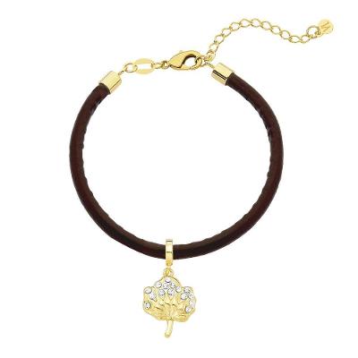 Pulseira VL Accessoires VLVL573 Couro Natural Café com Charm Algodão Revestido em Ouro Feminino
