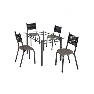 Conjunto de Jantar França 4 Lugares Tampo em Vidro Ratan e Courino Preto 120CM BM Tubulares