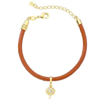 Pulseira VL Accessoires VLVL578 Couro Natural Caramelo com Charm Algodão Revestido em Ouro Feminino