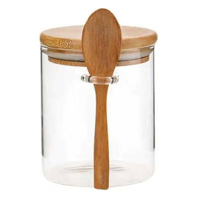 Porta-Condimentos Pote de Vidro com Tampa de Bambu e Colher para Temperos e Cereais Vidro-Bambu