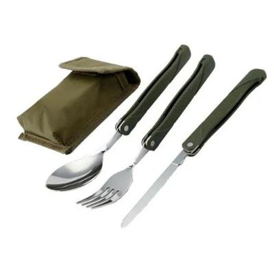 Kit Talheres Dobrável Inox para Camping Trilha com Bainha 3 Peças Inox