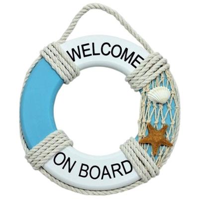 Decoração Náutica Bóia Azul Claro com Mensagem Welcome On Board Resina Dantas 18CM
