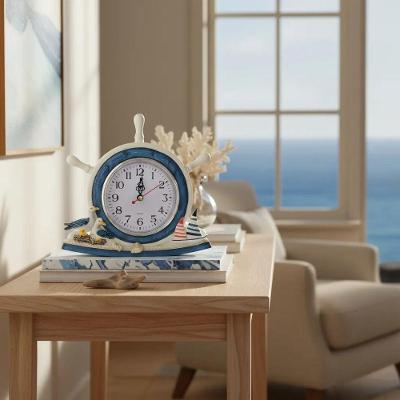 Relógio de Mesa Náutico Mar e Praia Timão Enfeite Gaivota Azul e Branco Dantas 21CM