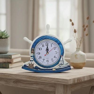Relógio de Mesa Náutico Mar e Praia Timão Enfeite Farol Design Temático Azul e Branco Dantas