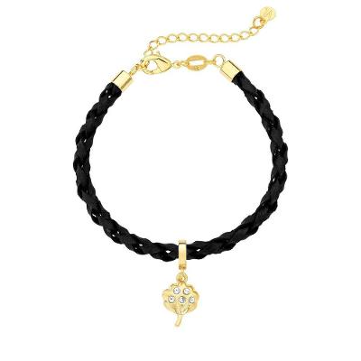 Pulseira VL Accessoires VLVL579 Couro Natural Preto com Charm Flor de Algodão Revestido em Ouro