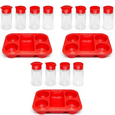 Porta Condimentos Kit 3 com 4 Frascos Suporte Organizador Plástico Resistente para Cozinha Vermelho