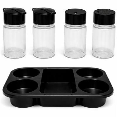 Porta Condimentos para Restaurantes e Lanchonetes 4 Frascos Organizador Plástico com Suporte Preto