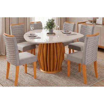 Conjunto de Jantar Tokyo 6 Lugares Tampo em Vidro com Cadeiras Estofadas Amadeirado 120CM DJ Móveis