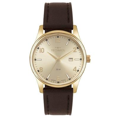 Relógio Masculino Steel Clássico em Couro Marrom Cor Dourado Technos 42MM