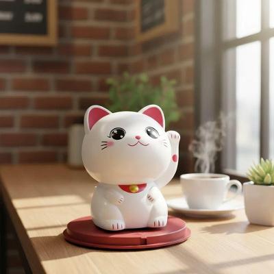 Decoração Maneki Gato Sorte Mexe Cabeça Luz Solar Branco Jiaxi 9CM Plástico