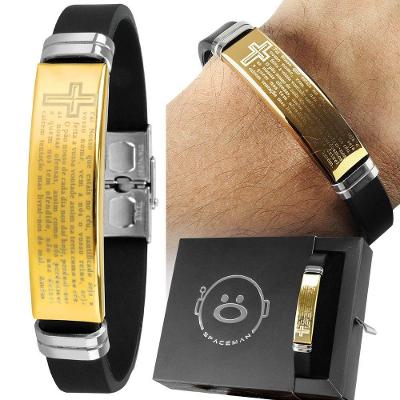 Pulseira Masculina Orizom Pai Nosso Aço 12mm Dourado Ajustável com Caixa Masculino