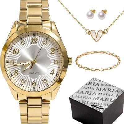 Kit Feminino Orizom Maria Analógico Aço Inox Dourado com Joias e Caixa 37MM