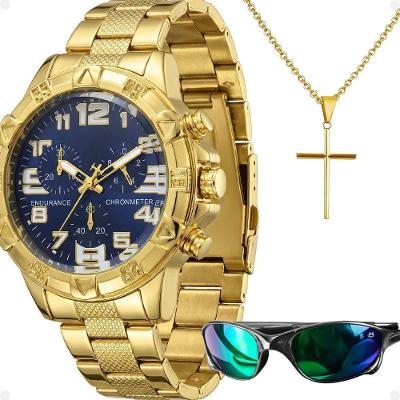 Kit Masculino Spaceman Analógico Aço Inox com Corrente Dourado Orizom