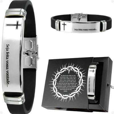 Pulseira Orizom Placa Pai Nosso Prata 21cm Ajustável Masculino