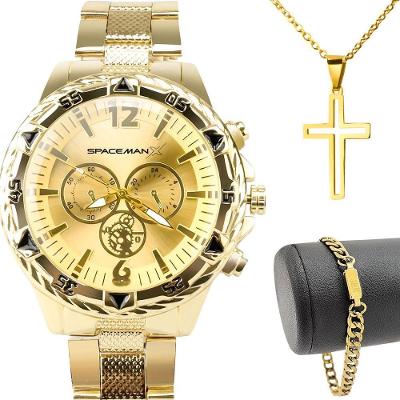 Kit Masculino Spaceman X Aço Inox Grumet Dourado Orizom com Pingente 50CM