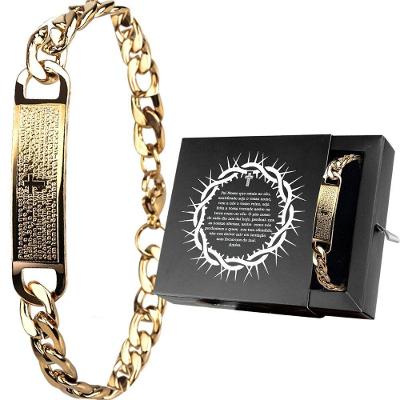 Pulseira Orizom Pai Nosso Oracao Aço Inoxidável 20cm Dourado Ajustável