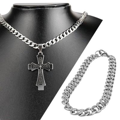Kit Jóia Orizom Pai Nosso Cruz Aço Inox Prata Masculino 6MM 60CM e 21,5CM