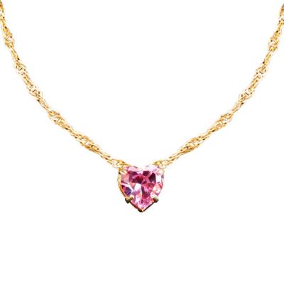Colar Orizom Aço Inox Dourado com Pingente Coração Strass Zircônia Rosa Feminino