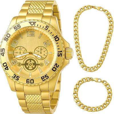 Kit Relógio Masculino Dragao Analógico Aço Inox Dourado Orizom com Cordão e Pulseira