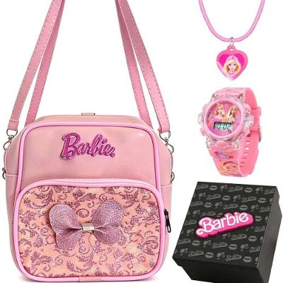 Kit Infantil Barbie Premium Relógio Digital + Colar + Bolsa + Caixa 3D Silicone Rosa Orizom