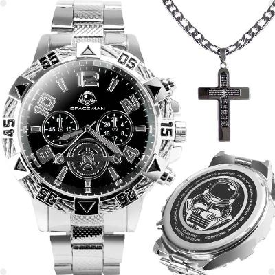 Relógio Masculino Spaceman Analógico Aço Inox LED Prata Orizom com Cordão e Pingente Cruz