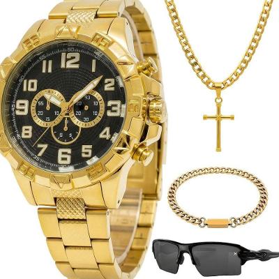 Kit Presente Masculino Spaceman Analógico Aço Inox com Óculos Dourado Orizom