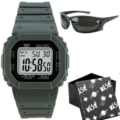 Relogio Digital Infantil Menino Quadrado LED Silicone Cinza + Oculos de Sol Preto e Caixa Orizom