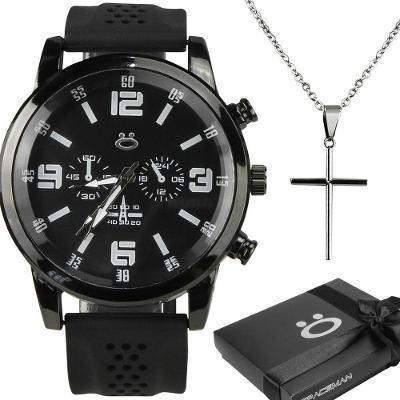Kit Relógio Masculino Spaceman Analógico Silicone Colar Crucifixo Ajustável Preto Prateado Orizom