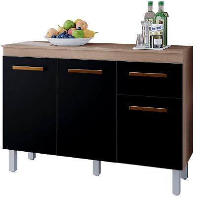 Balcão de Cozinha Vitorina Savana 3 Portas 1 Gaveta MDF-MDP 118CM Preto Moblis