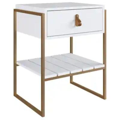 Mesa de Cabeceira James 1 Gaveta MDP Contemporâneo Branco com Pés Dourados Metta Mobili