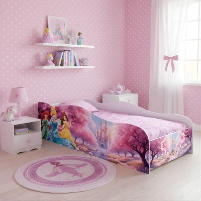Cama Infantil Adesivada Carro Princesas com Grade MDF Rosa Mobigu 72CM
