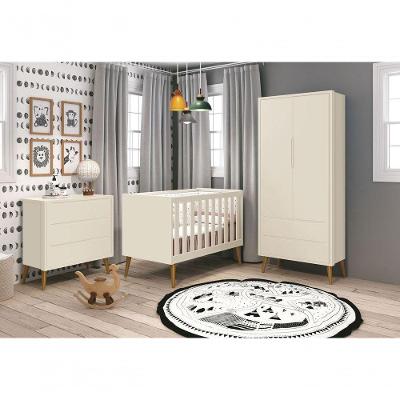 Jogo de Quarto para Bebê Théo New 2 Portas 3 Gavetas MDF Bege com Berço Cômoda e Roupeiro Reller