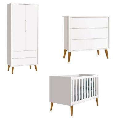 Jogo de Quarto para Bebê Théo New 2 Portas 3 Gavetas MDF Branco Reller Móveis