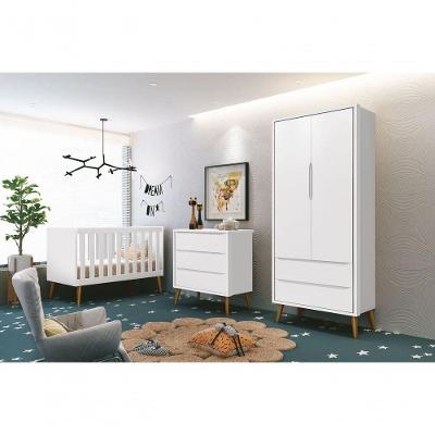 Jogo de Quarto para Bebê Théo New 2 Portas 3 Gavetas MDF Berço Cômoda Roupeiro Branco Fosco