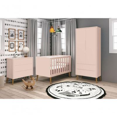 Jogo de Quarto para Bebê Théo New 2 Portas 3 Gavetas MDF Rosa Fosco Reller Móveis
