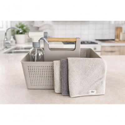 Kit Organizador Bege com Borrifador e 3 Panos de Limpeza Multiuso para Cozinha e Banheiro Ou