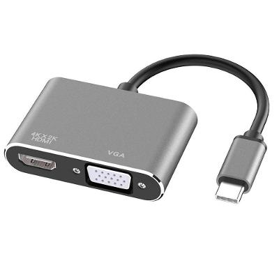 Adaptador KP-AD119 2x1 Type-C para HDMI e VGA Compatível Thunderbolt 3.0 Cinza Knup Brasil