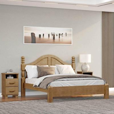Conjunto Quarto Cama Casal Queen Clássica com 2 Mesas de Cabeceira Ouro Freijó Madeira Maciça
