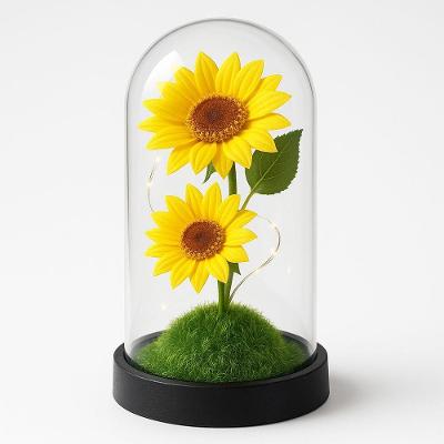 Enfeite Decorativo Modelo Cúpula de Vidro e Base em Madeira com Girassol Permanente com LED Amarelo