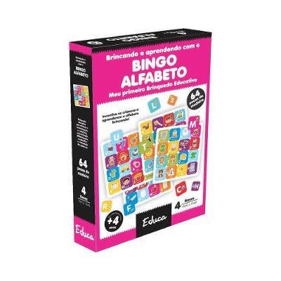 Brinquedo Educativo Bingo Alfabeto Aprende Brincando Amadeirado Editora Alfabeto 4 Bases 64 Fichas